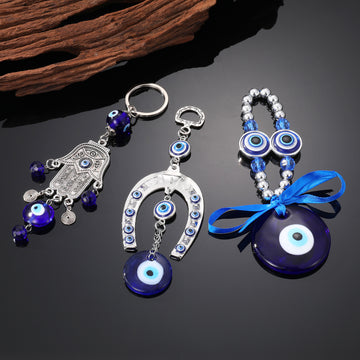 Silver Tone Hamsa Glass Eye and Horseshoe Evil Eye Keychains