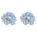 Blue Green Gingham Fabric Flower Pearl Center Studs view 5