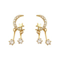Gold Tone Crescent Moon Clear Stone Star Drop Stud Earrings view 5