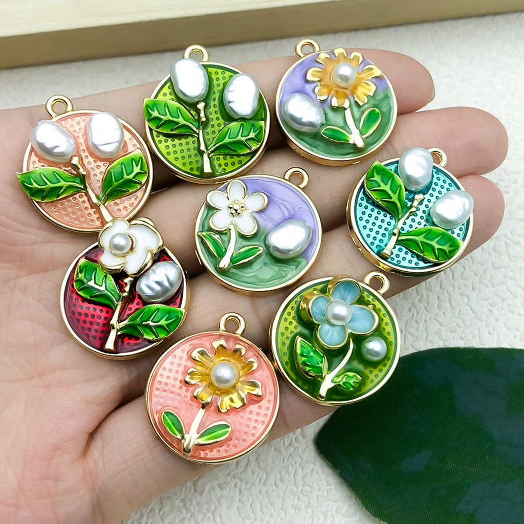 Enamel Zinc Alloy Round Flower Enamel Charm Pendants