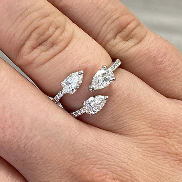 Silver Triple Teardrop Open Adjustable Clear Stone Ring