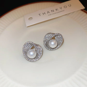 Crystal Halo Pearl Center Silver Tone Stud Earrings