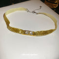 Gold Mesh Choker Necklace With Three Square Crystal Panels view 4