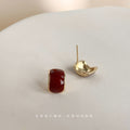 Wine Red Enamel Gold Frame Rectangle Stud Earrings view 4