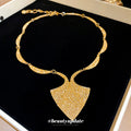 Gold Tone Textured Shield Necklace And Red Teardrop Square Earrings view 4