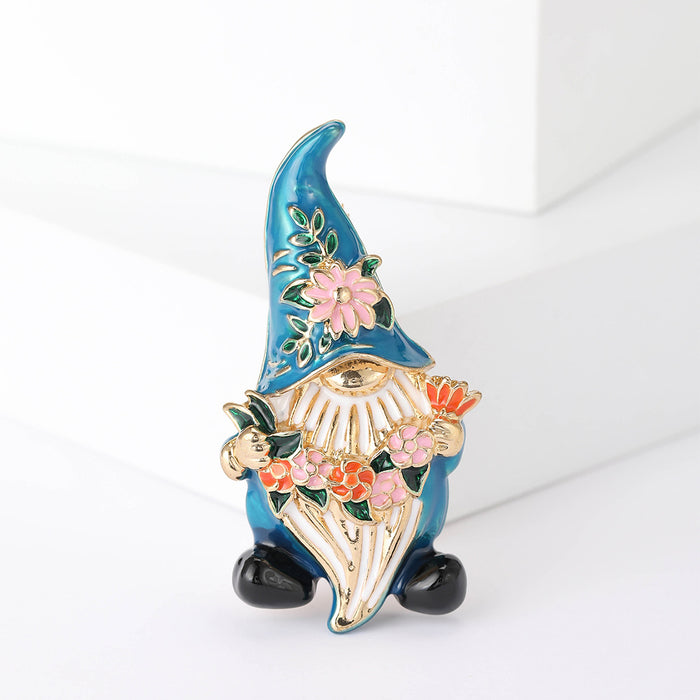 Blue Hat Gnome Enamel Brooch with Floral Details Character Pin