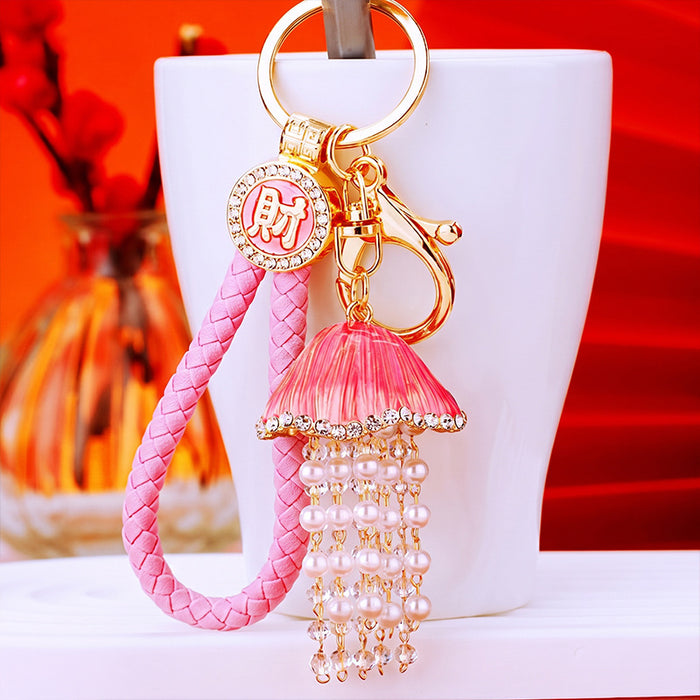 Pearl Jellyfish Keychains With Crystal Fringe and Braided Wrist Straps