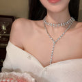 Silver Multi Row Rhinestone Choker Y Lariat Necklace view 3