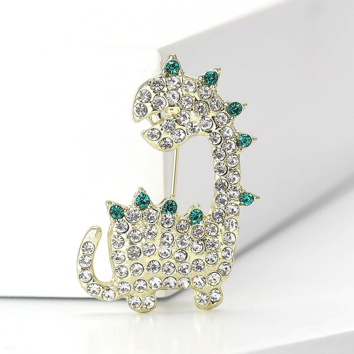 Rhinestone Dinosaur Brooch Gold Tone Green Spike Pin
