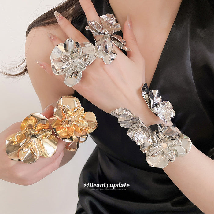 Metal Flower Leaf Bow Ring Bangle Sets Six Styles Pair