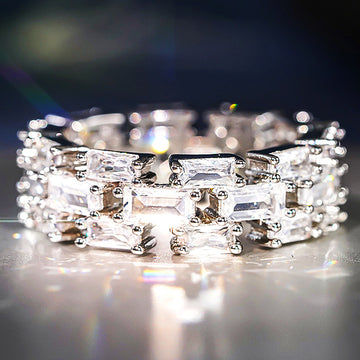 Silver-Tone Baguette Link Eternity Band Ring with Clear Stone Details