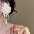 Ivory Fabric Flower Beaded Tassel Earrings Decorative Jewelry view 3