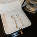 Gold Pearl Crystal Bar Chain Drop Earrings Polished Metal Jewelry view 6