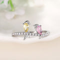 Silver Twin Bird Ring Pink Yellow Stones Multi Sizes view 1