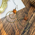 Brown Leather Square and Double Circle Hook Earrings view 3