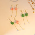 Green Lotus Leaf and Pink Flower Long Chain Earrings view 1