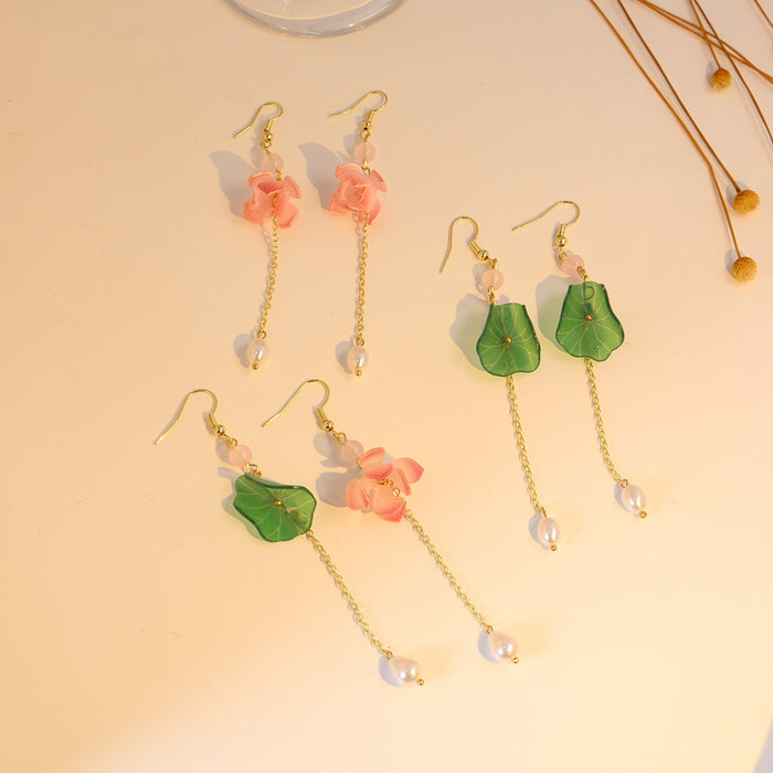 Green Lotus Leaf and Pink Flower Long Chain Earrings