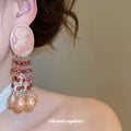 Pink Cameo Red Beaded Fringe and Pearl Statement Earrings view 3