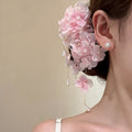 Pink Fabric Hydrangea Duckbill Hair Clip Pearl Drop Chains view 3
