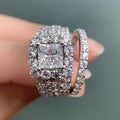 White Gold Princess Halo Bridal Ring Set Band Sizes 6-10 view 2