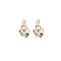White Flower Pearl Look Green Leaf Gold Stud Earrings view 5