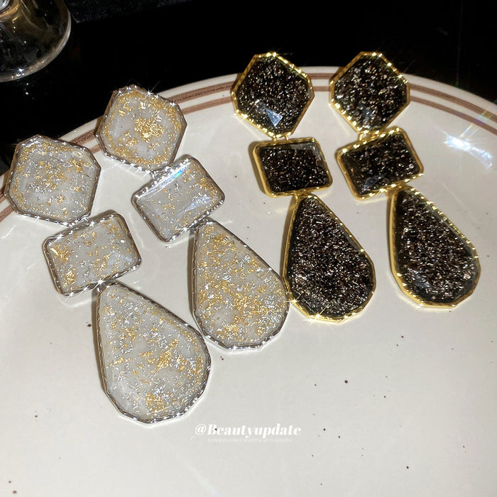 Glitter Geometric Drop Earrings in Black Gold and Pearl White