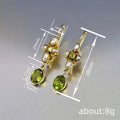 Gold Tone Green Oval Stone Pearl Floral Dangle Earrings view 4