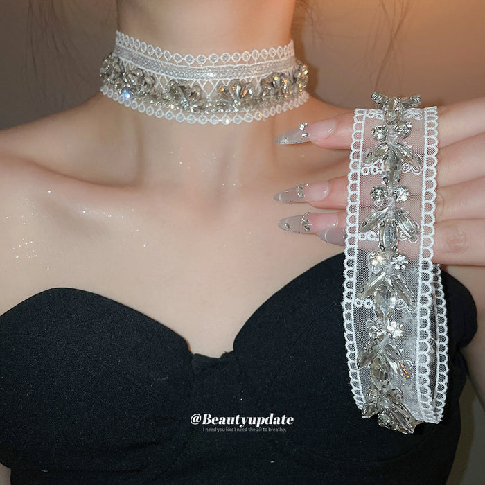 White Lace Crystal Choker Necklaces in Two Designs