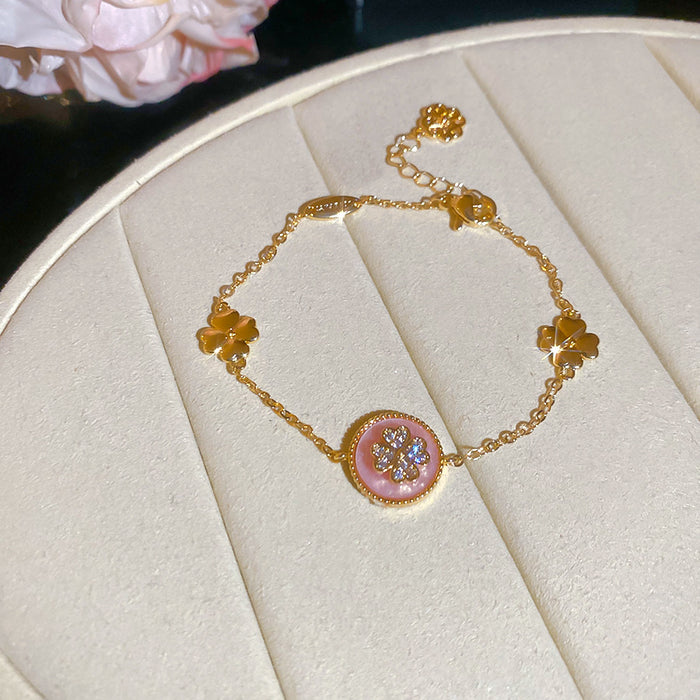 Gold Pink Enamel Clover Crystal Necklace Bracelet Styles