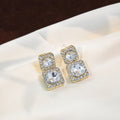 Gold Double Square Crystal Halo Linked Dangle Earrings view 2