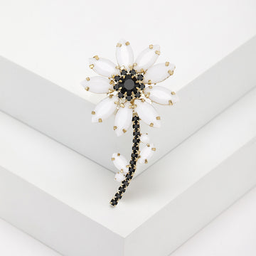 White Marquise Petal Flower Brooch With Black Crystal Stem