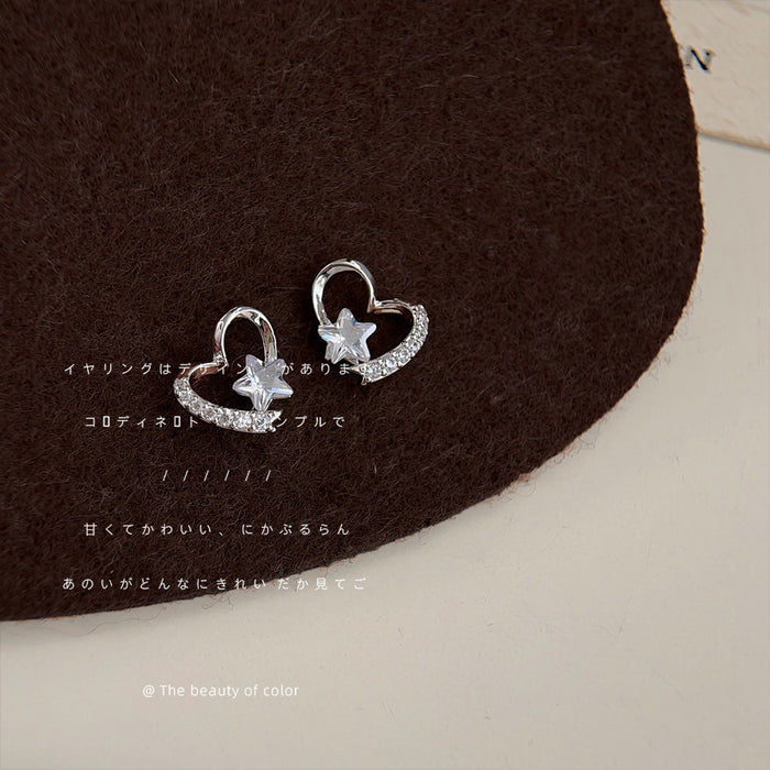 Silver-Tone Open Heart Clear Star Pave Crystal Studs