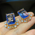 Blue Rectangular Stone Crystal Drop Earrings Polished Jewelry Accessory view 2