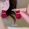 Velvet Bear and Pom Pom Stud Earrings in Red and White view 3