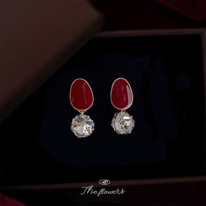 Gold-Tone Red Enamel Oval Studs with Faceted Crystal Ball Drops