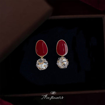 Gold-Tone Red Oval Stud Clear Faceted Crystal Ball Drops