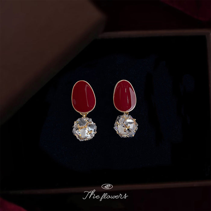 Gold-Tone Red Oval Stud Clear Faceted Crystal Ball Drops