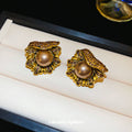Vintage Gold Tone Ornate Pearl Medallion Stud Earrings view 3