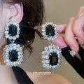 Black Rectangular Gem and Crystal Double Drop Clip Earrings view 1
