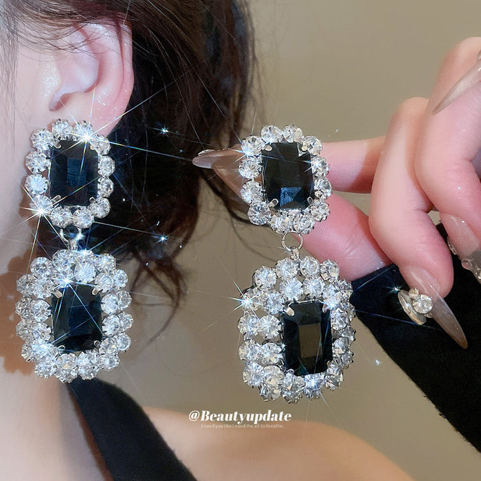 Black Rectangular Gem and Crystal Double Drop Clip Earrings