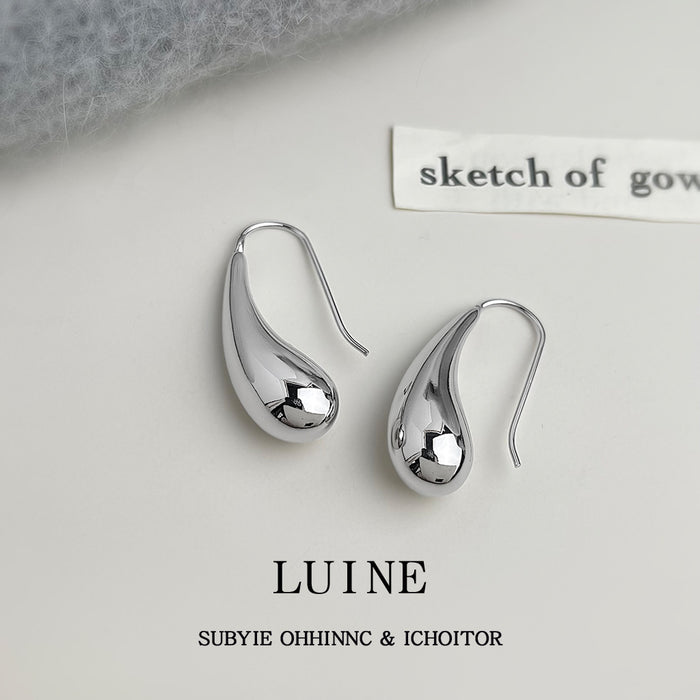 Silver Tone Mirror Polished Long Teardrop Hook Earrings For Women