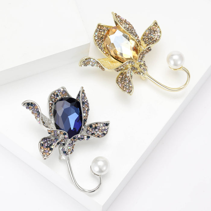Orchid Flower Brooch Large Gem Center Pearl Stem Rhinestone