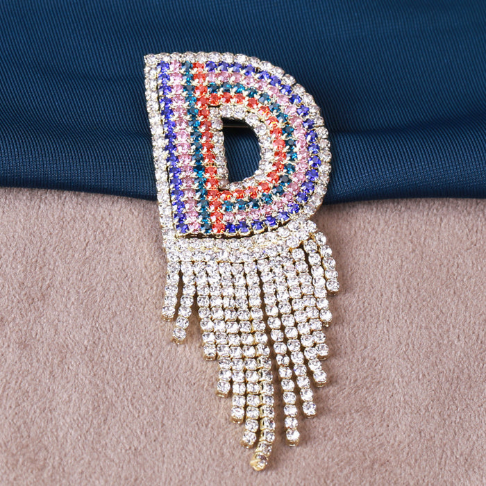 Multicolor Crystal Letter D Brooch With Long Clear Fringe