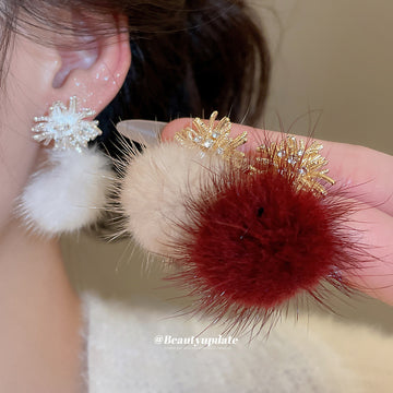 Gold Tone Snowflake Stud Earrings With Fluffy Pom Pom Drops
