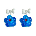 White Bow Blue Glass Flower Drop Earrings Red Centers view 5