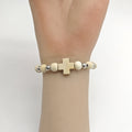 Natural Wood Bead Cross Stretch Bracelet Silver Spacers view 3