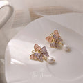 Gold Tone Pink Lavender Butterfly Cluster Pearl Drop Earrings view 3