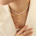 White Pearl Letter D Cube Tassel Pendant Gold Necklace view 4