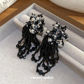 Black Crystal Floral Drop Earrings With Layered Bead Tassels view 2