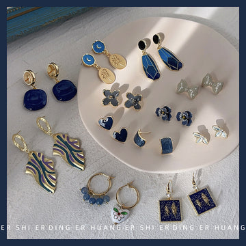 Blue Enamel Flower Studs Rectangle And Mismatched Hoop Earrings